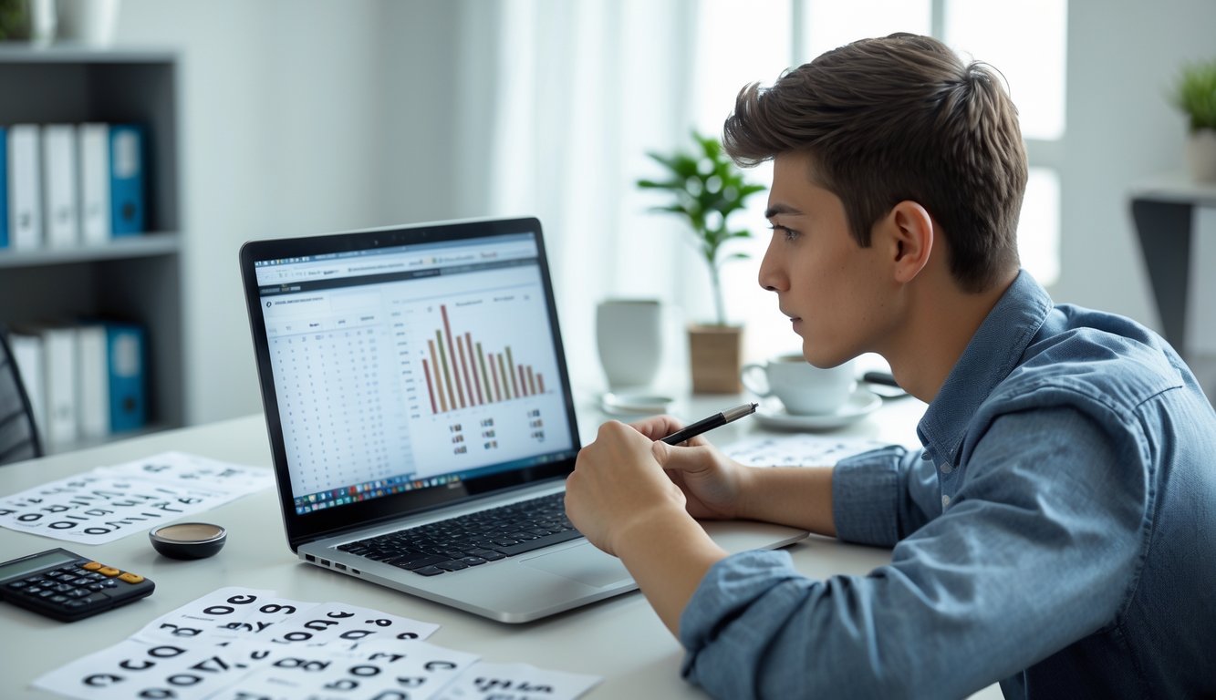 Seorang pria muda duduk di meja kerja dengan laptop dan catatan, fokus menganalisis data dan pola angka di ruang kerja yang rapi.