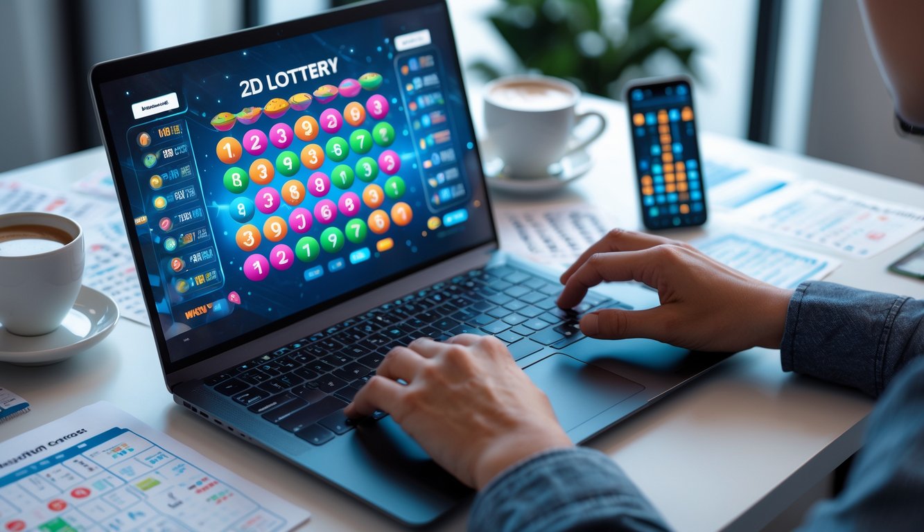 Seorang individu sedang menggunakan laptop di meja kerja dengan tampilan antarmuka permainan togel online 2D dan catatan strategi di sekitar.