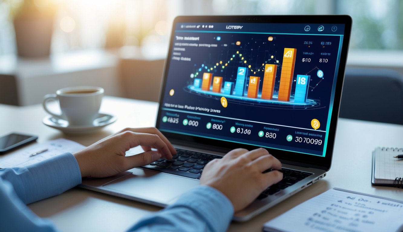 Sebuah meja kerja dengan laptop yang menampilkan antarmuka permainan lotre 2D dan alat tulis di sekitarnya.