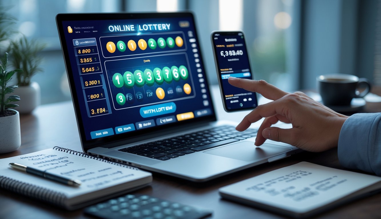 Sebuah meja kerja modern dengan laptop dan ponsel yang menampilkan antarmuka permainan togel online dan pembaruan hasil secara langsung.