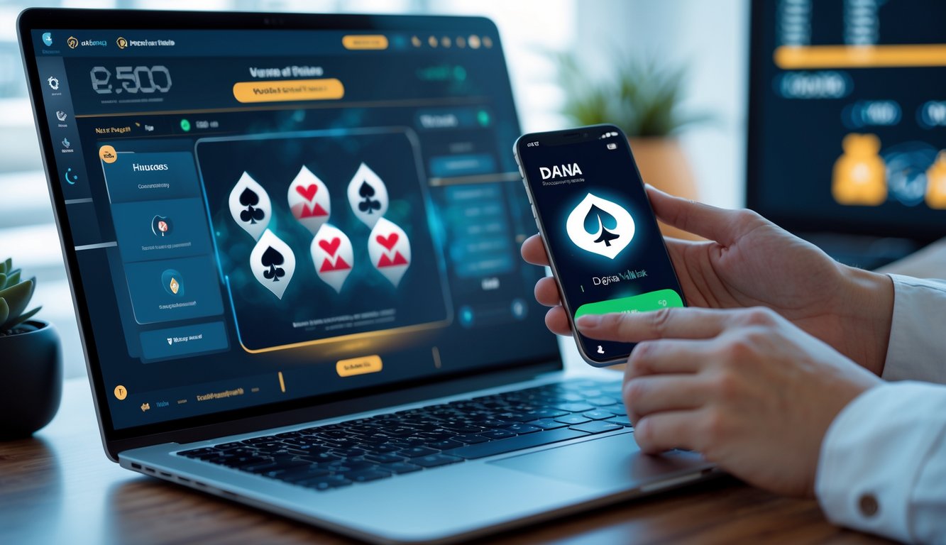 Seorang pengguna sedang melakukan transaksi poker online menggunakan laptop dan ponsel dengan aplikasi dompet digital DANA.