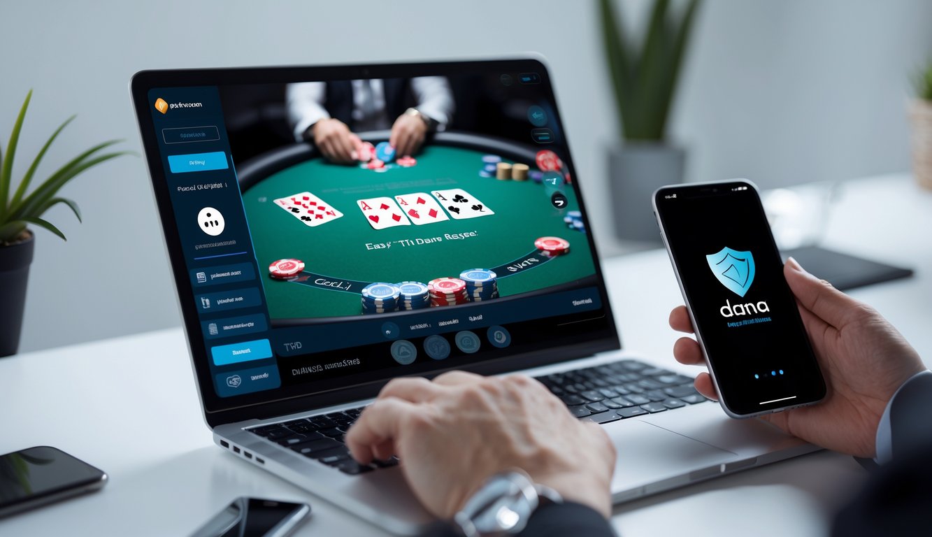 Seseorang menggunakan laptop dan smartphone untuk bermain poker online dengan aplikasi DANA di layar, menunjukkan proses deposit cepat dan terpercaya.