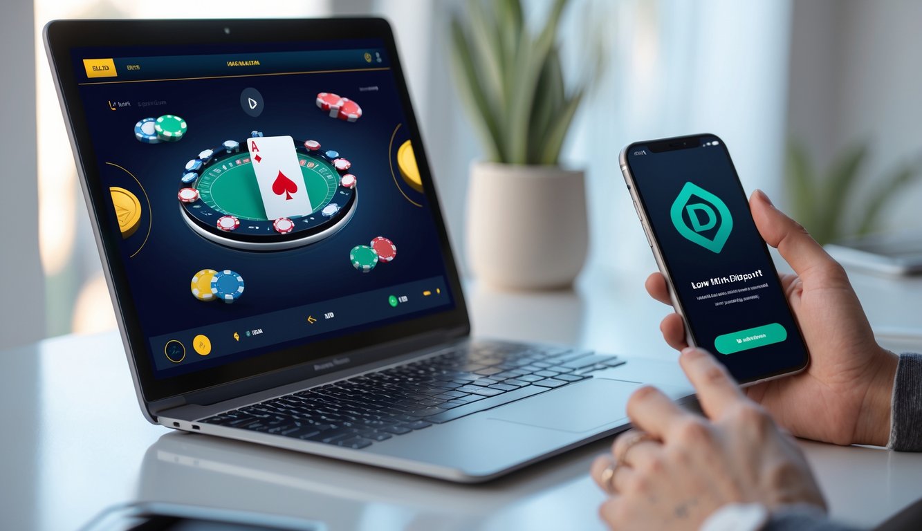 Seorang pria menggunakan laptop dan ponsel untuk bermain poker online dan melakukan transaksi digital dengan aplikasi dompet elektronik.