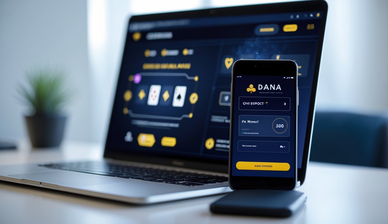 Seorang pengguna bermain poker online di laptop dengan aplikasi DANA di ponsel, menunjukkan transaksi deposit yang aman dan mudah.