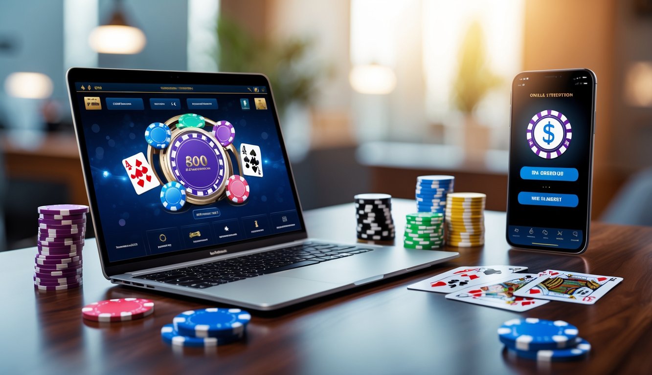 Sebuah laptop dan ponsel di atas meja dengan permainan poker dan aplikasi dompet digital yang sedang digunakan.