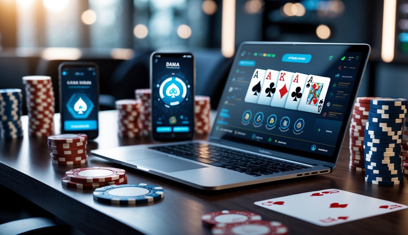 Seorang pemain poker online menggunakan laptop dan smartphone dengan chip poker dan kartu di atas meja kayu.