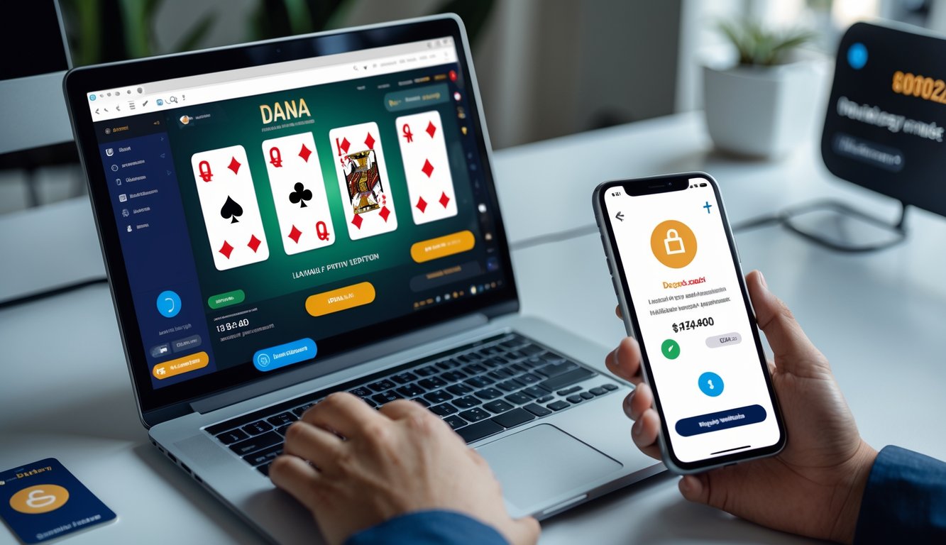 Seorang pengguna melakukan transaksi deposit poker online menggunakan aplikasi DANA di smartphone dengan layar laptop menampilkan permainan poker.