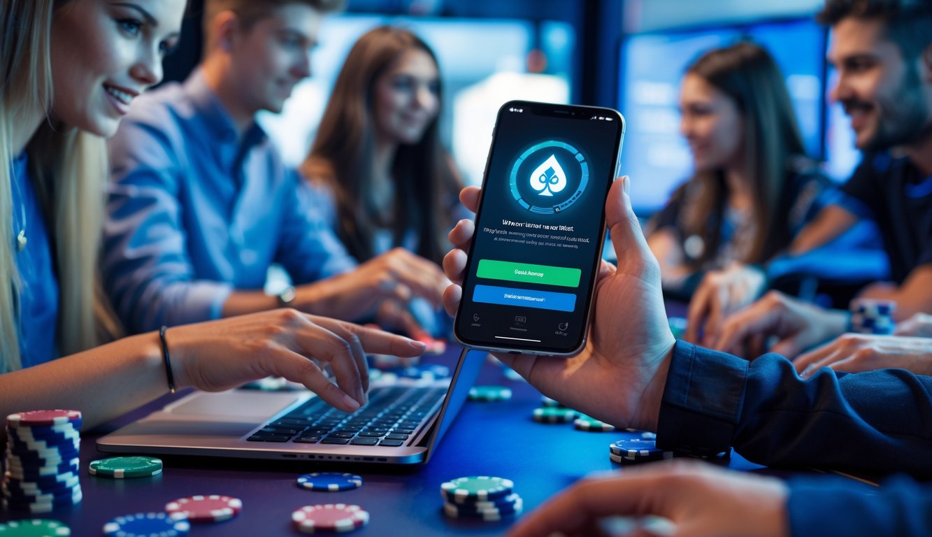 Sekelompok orang muda bermain poker online menggunakan laptop dan ponsel dengan latar belakang aplikasi dompet digital DANA yang menampilkan transaksi instan tanpa potongan.