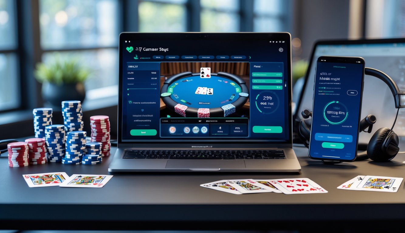 Meja dengan laptop menampilkan permainan poker online, chip poker, kartu, dan ponsel yang menunjukkan aplikasi dompet digital, suasana yang profesional dan rapi.