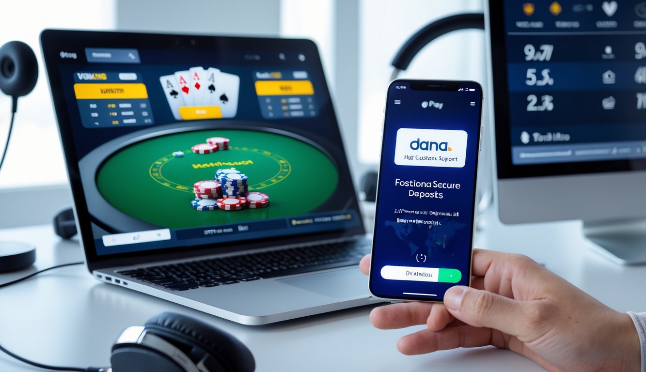 Seorang pengguna bermain poker online di depan komputer dengan ponsel yang menampilkan aplikasi pembayaran DANA, di meja kerja yang rapi dengan perlengkapan teknologi.