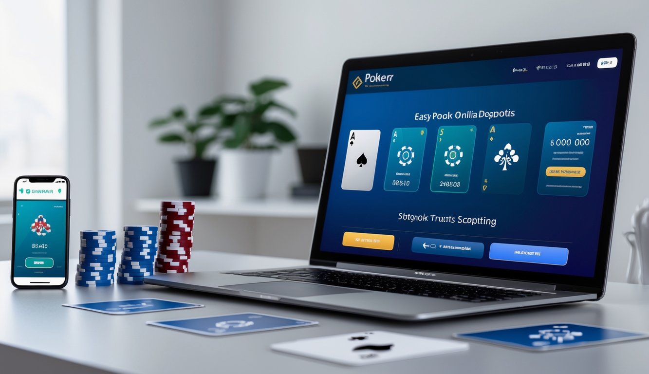 Sebuah ruang kerja modern dengan laptop menampilkan permainan poker online, chip poker dan kartu bermain di meja, serta ponsel yang menunjukkan aplikasi dompet digital.