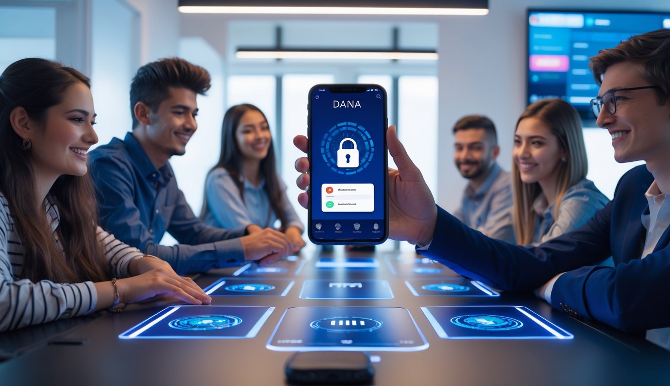 Sekelompok orang muda bermain poker online dengan layar digital dan menggunakan aplikasi pembayaran di ponsel dalam suasana yang aman dan nyaman.