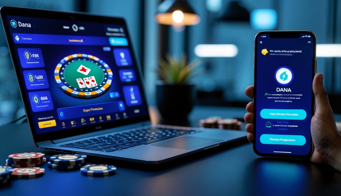 Seseorang menggunakan laptop dan smartphone untuk bermain poker online dengan proses pembayaran cepat dan aman.