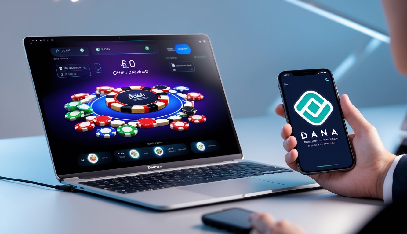 Seseorang bermain poker online menggunakan laptop dan melakukan deposit melalui aplikasi dompet digital DANA di ponsel.