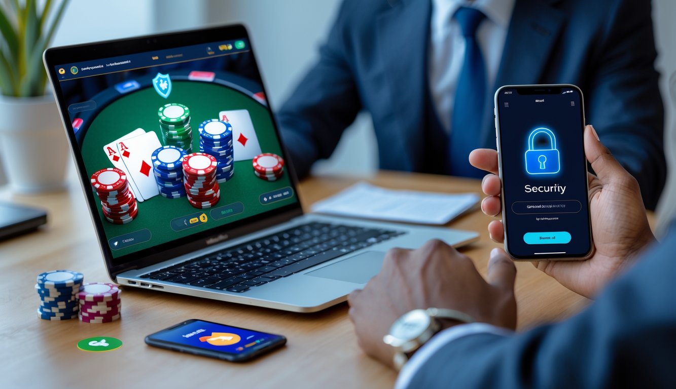 Seseorang menggunakan laptop dan ponsel untuk bermain poker online dan melakukan pembayaran digital dengan suasana yang aman dan terpercaya.