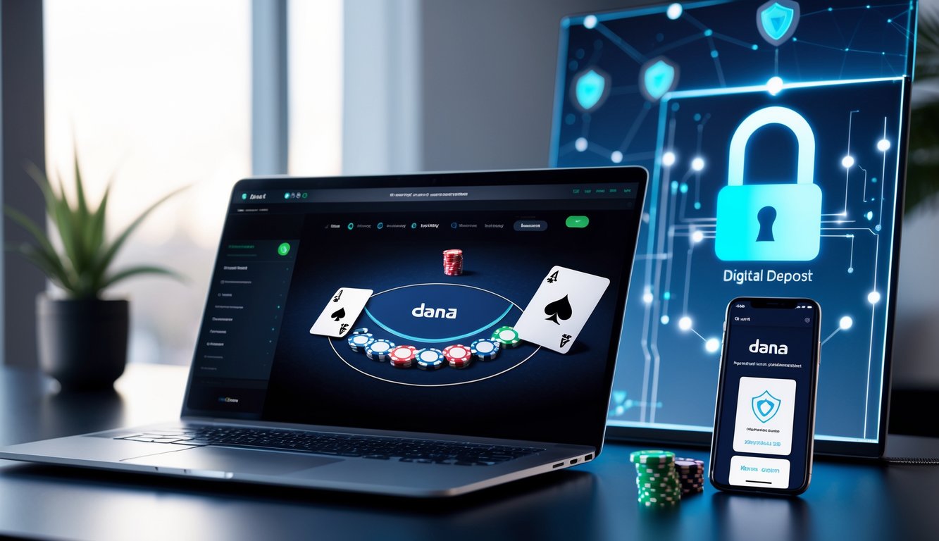Seorang pengguna sedang bermain poker online di laptop dengan ponsel menampilkan aplikasi pembayaran digital di meja kerja yang rapi dan aman.
