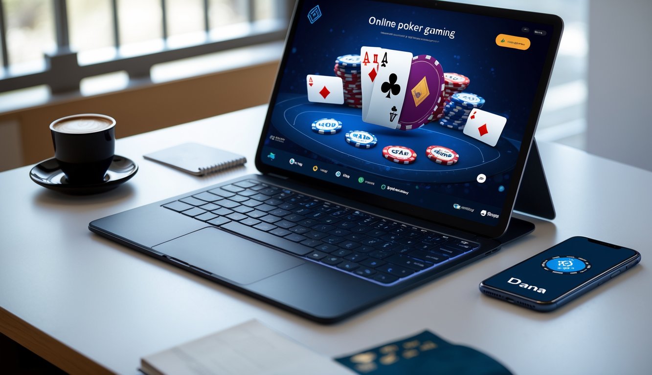 Seorang pemain poker online menggunakan laptop dan ponsel untuk melakukan deposit kecil dengan aplikasi dompet digital di meja kerja yang rapi.