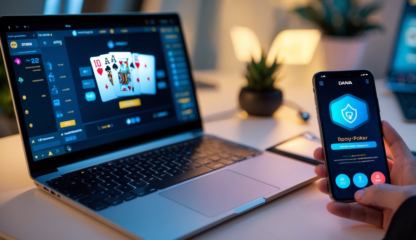 Seorang pemain poker online menggunakan laptop dan smartphone untuk bermain dan melakukan deposit dengan aplikasi dompet digital.