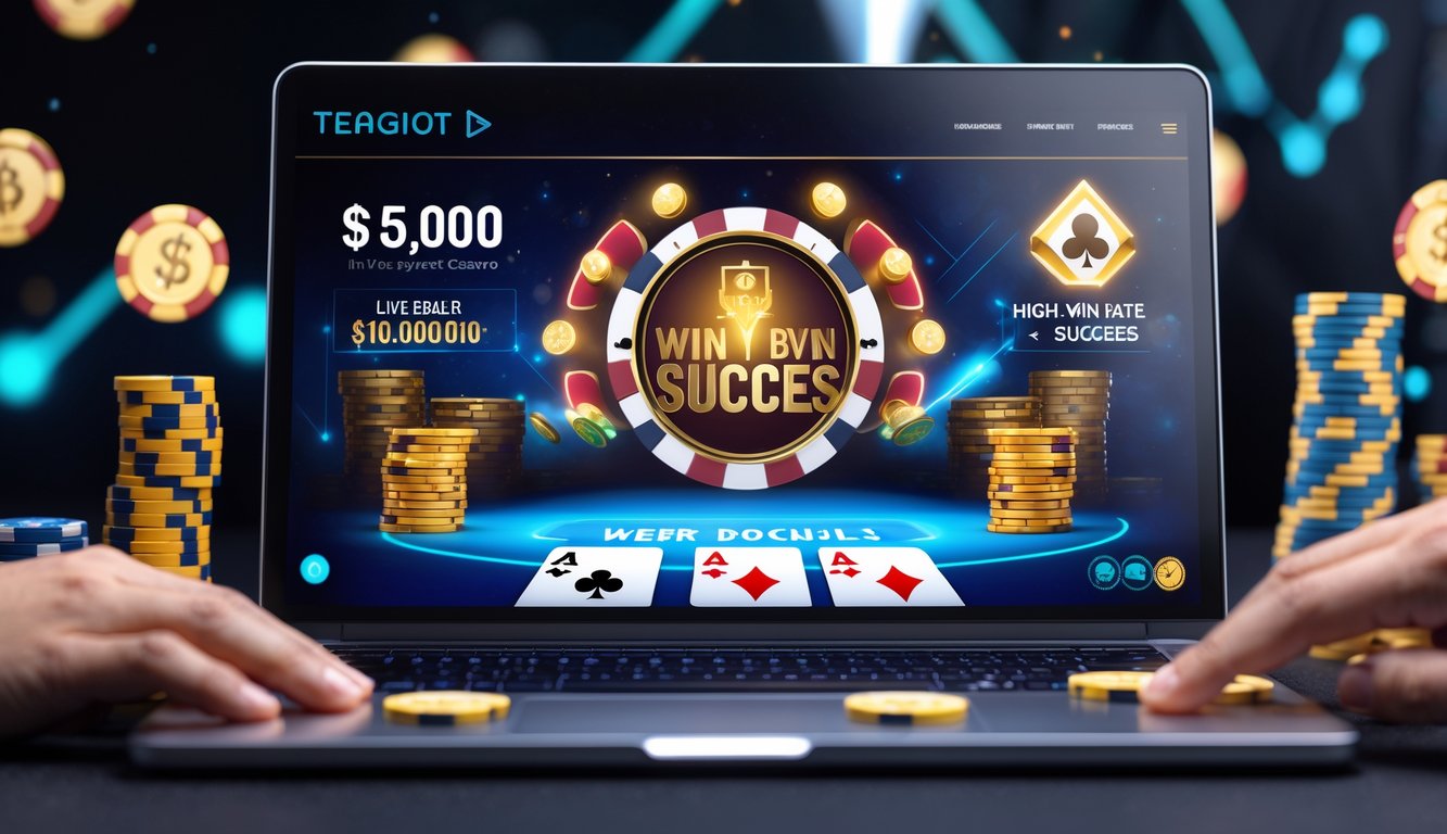 Seorang pemain menggunakan komputer untuk bermain kasino langsung online dengan suasana yang hidup dan penuh kemenangan.