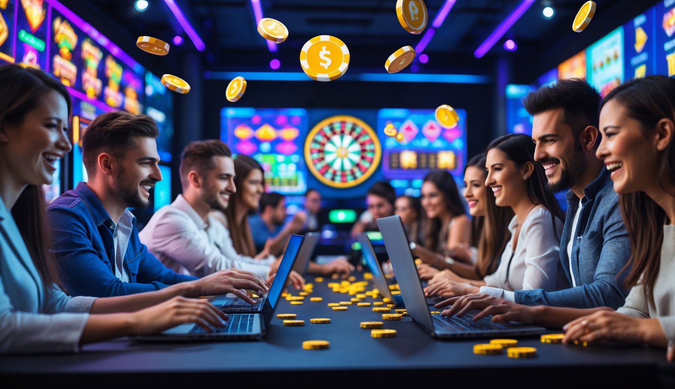 Beberapa orang bermain permainan kasino langsung secara online menggunakan laptop dan ponsel di ruangan yang terang dan modern.