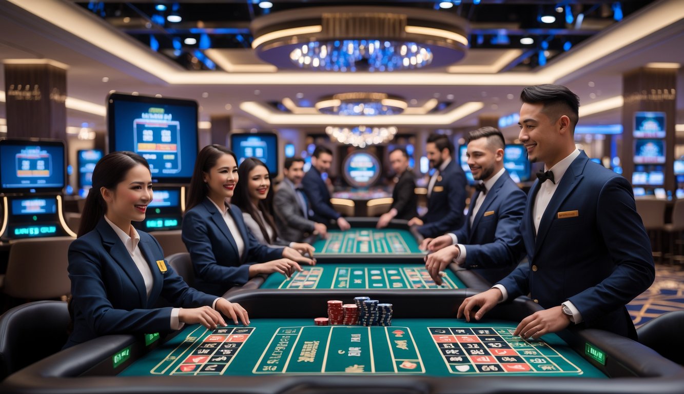Suasana kasino langsung dengan meja permainan dan dealer profesional, pemain fokus bermain di lingkungan yang modern dan terang.