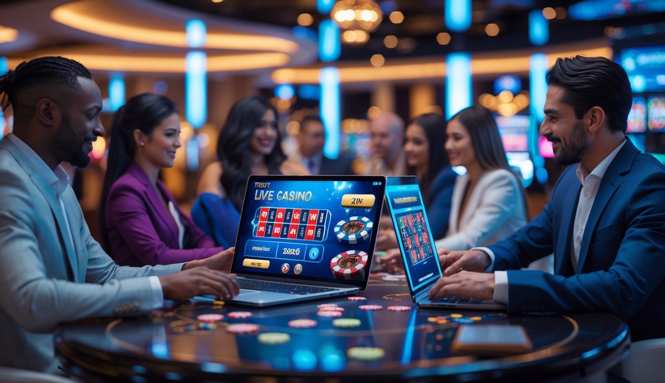 Orang-orang bermain permainan kasino langsung secara online dengan perangkat modern di lingkungan kasino yang futuristik dan nyaman.