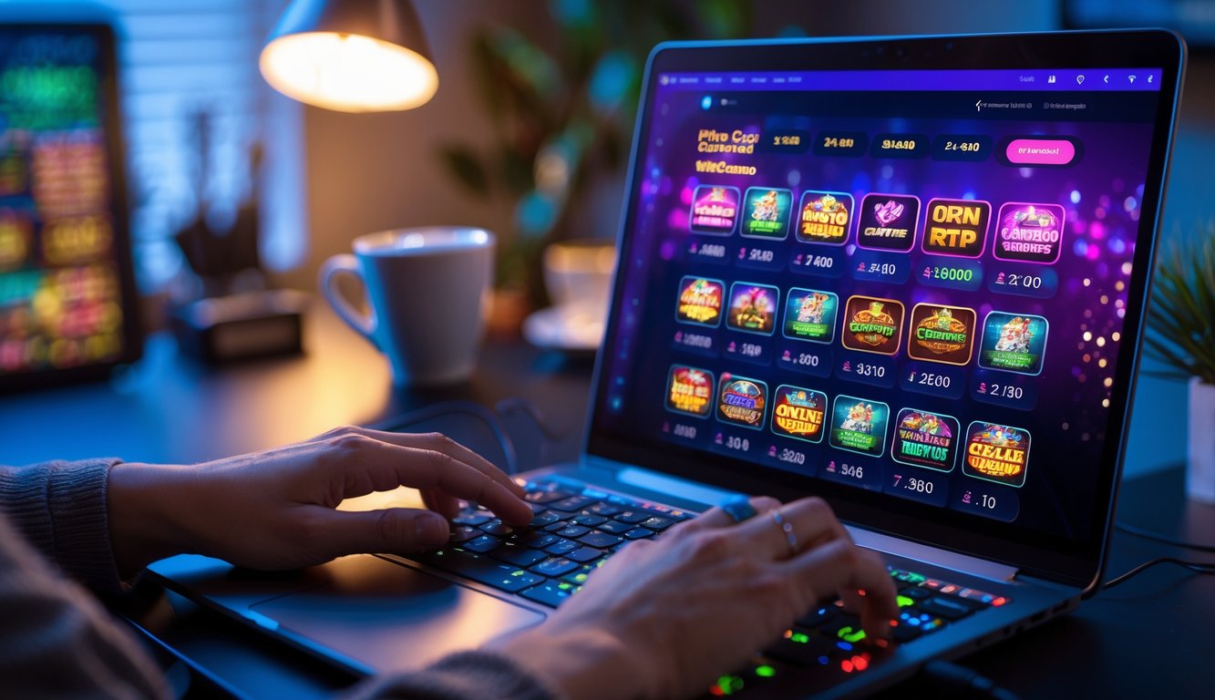 Seseorang bermain permainan kasino online di komputer dengan suasana nyaman di rumah.