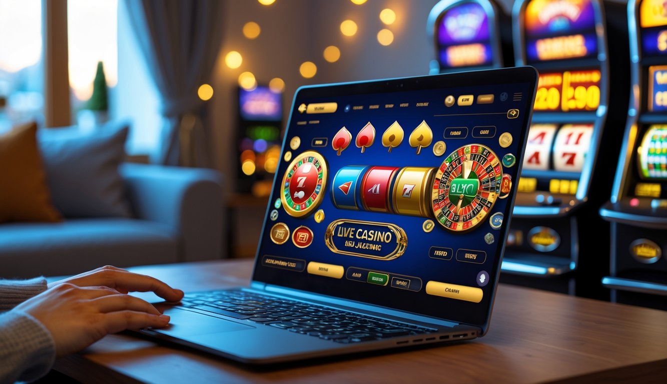 Seseorang menggunakan komputer dengan tampilan permainan kasino online yang hidup dan berwarna-warni di lingkungan rumah yang nyaman.
