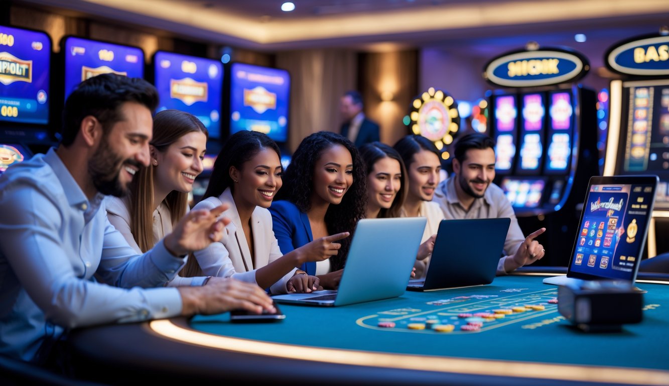Orang-orang bermain kasino online langsung dengan layar digital dan suasana kasino yang modern.