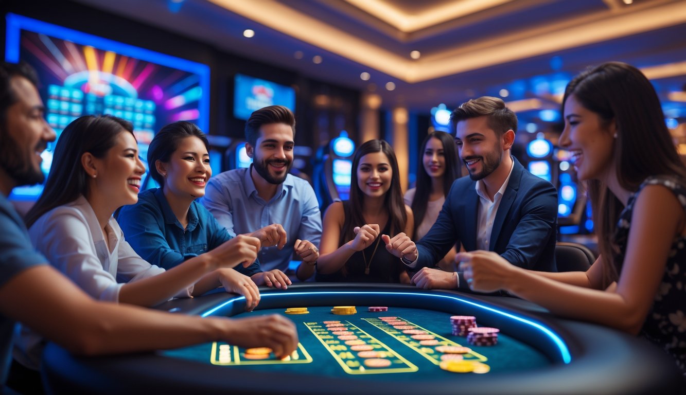 Beberapa pemain yang antusias bermain di meja kasino online dengan suasana yang hangat dan ramah.