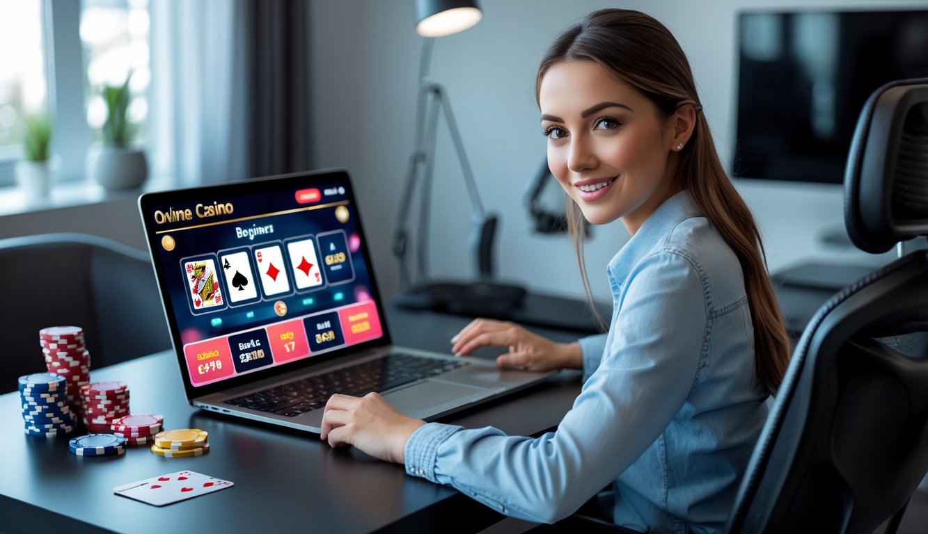 Seorang pemain muda sedang menggunakan laptop untuk bermain live casino online dengan latar belakang ruangan yang rapi dan pencahayaan yang nyaman.