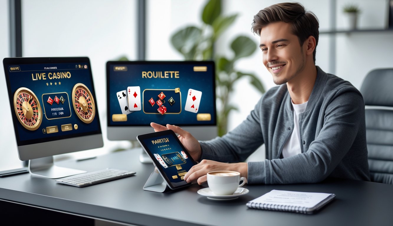 Seorang pria muda duduk di depan perangkat digital yang menampilkan permainan kasino langsung online, terlihat fokus dan santai dengan suasana modern di sekitarnya.