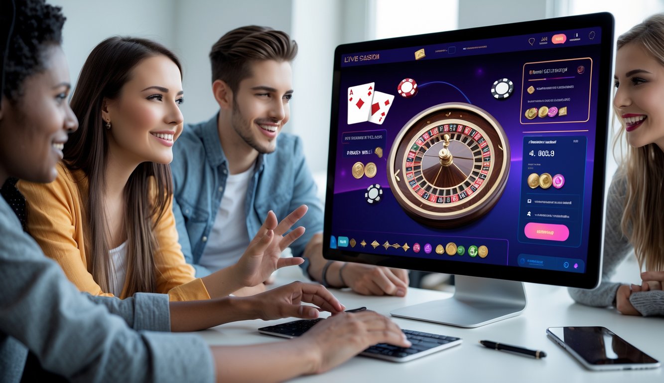 Beberapa orang muda sedang bermain game live casino online di komputer dengan ekspresi fokus dan antusias di ruangan yang terang dan rapi.