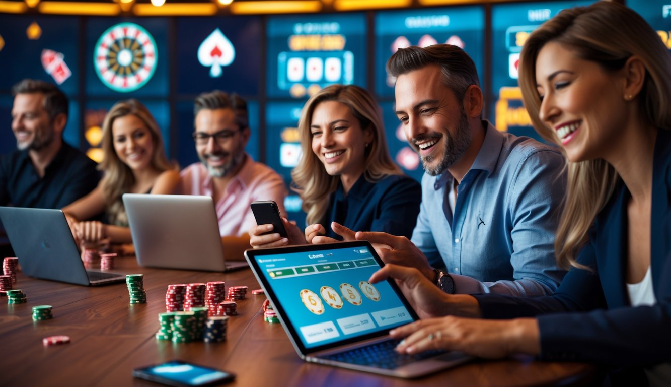 Beberapa orang sedang menggunakan perangkat digital untuk bermain kasino online dengan ekspresi senang dan fokus.