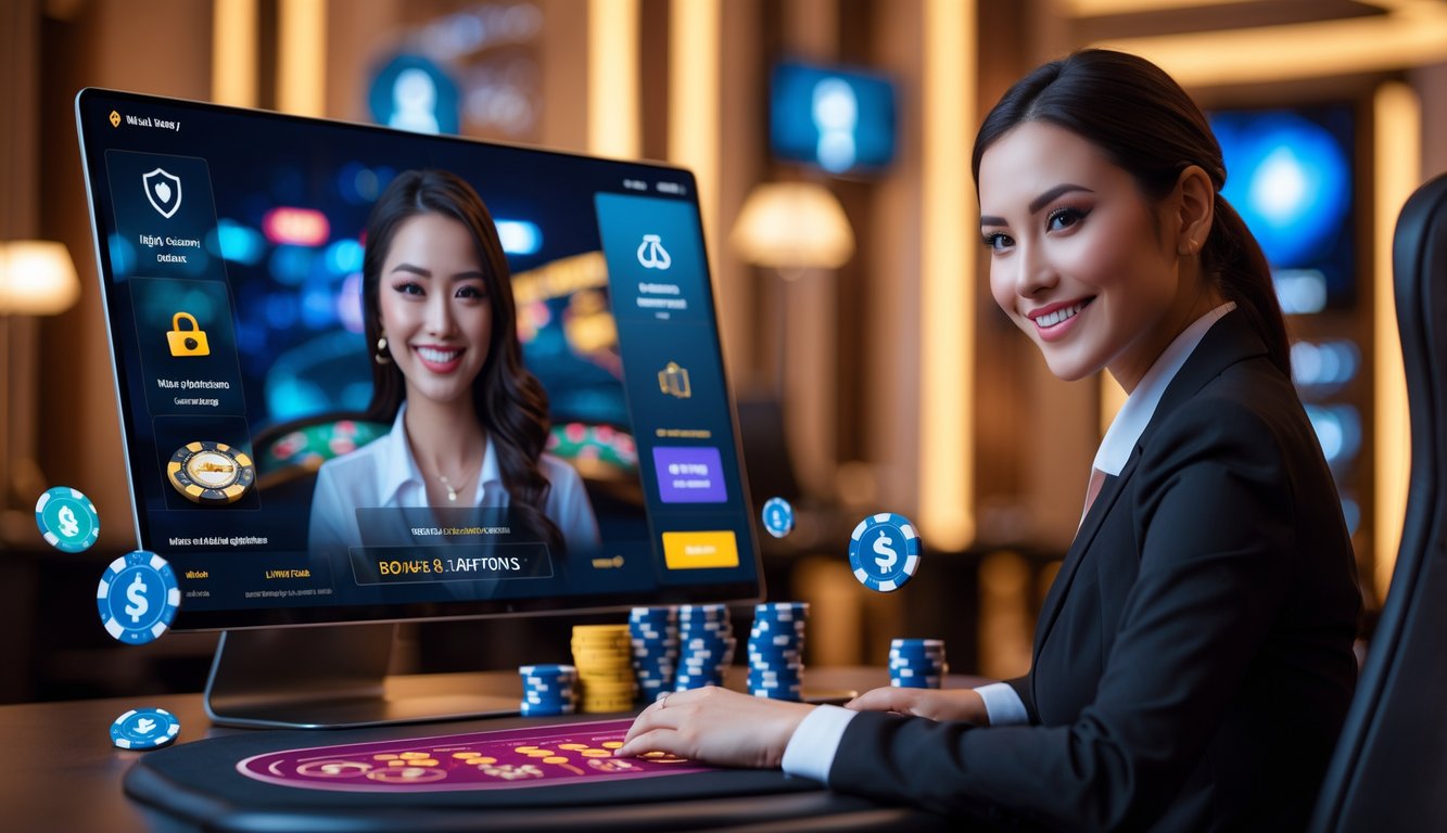 Seorang dealer casino langsung sedang bermain di depan komputer dengan suasana studio casino yang terang dan profesional.