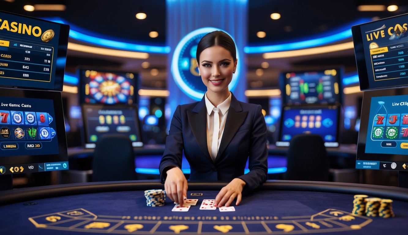 Seorang dealer wanita profesional sedang membagikan kartu di meja kasino langsung dengan layar komputer menampilkan permainan kasino online di latar belakang.