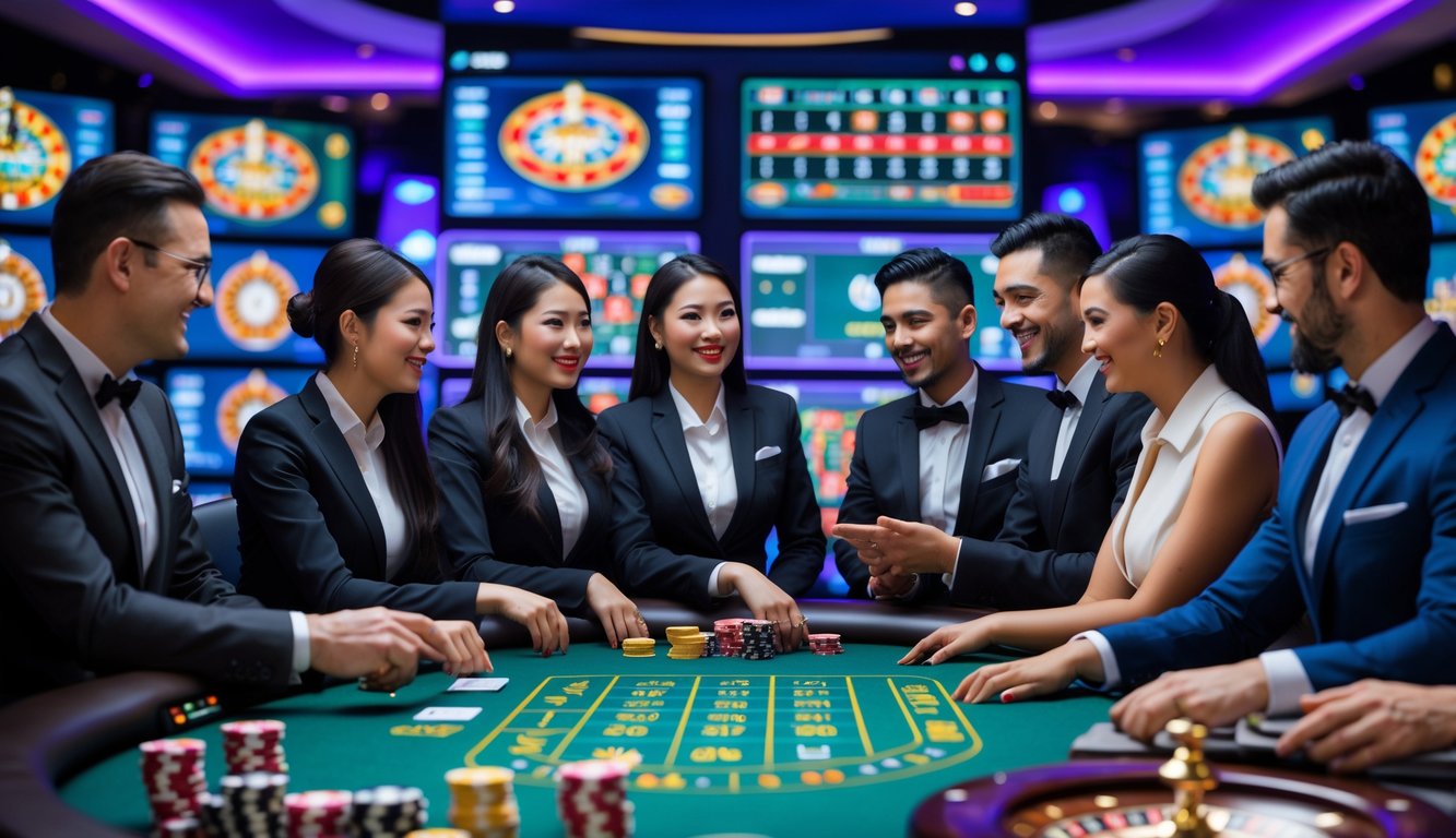 Beberapa dealer kasino profesional sedang melayani permainan kasino langsung secara online dengan latar belakang layar digital menampilkan permainan kasino.