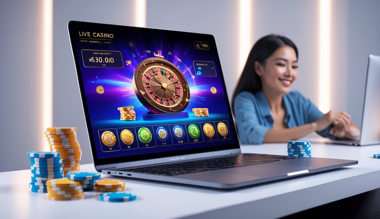 Seseorang sedang bermain kasino online di komputer dengan ekspresi senang dan suasana yang nyaman.