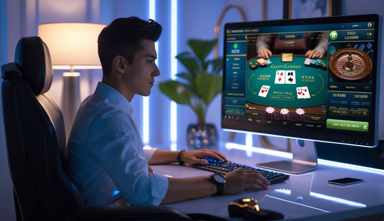 Seorang dewasa muda sedang bermain permainan kasino langsung online di komputer di ruang tamu yang nyaman.