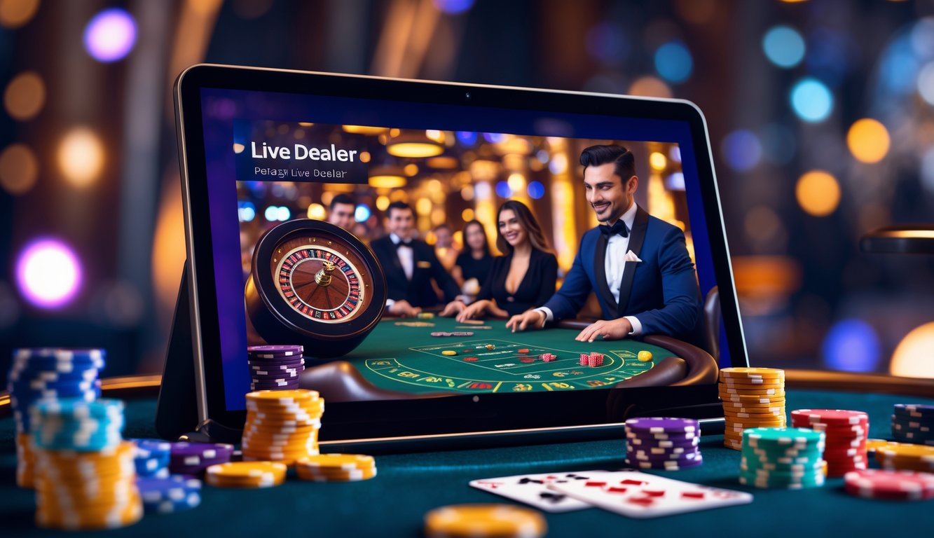 Seseorang bermain kasino online dengan dealer langsung di layar komputer, dikelilingi oleh chip poker, kartu remi, dan roda roulette.