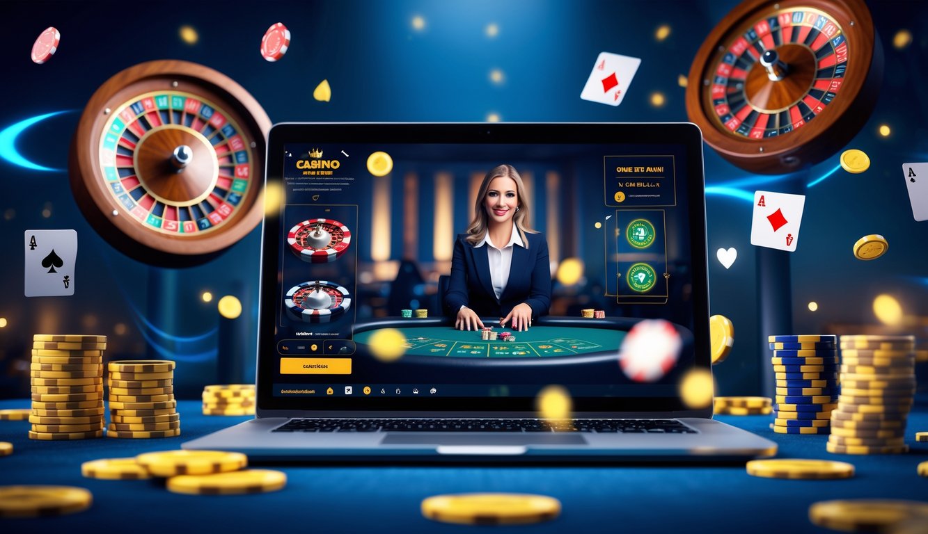 Seorang dealer kasino langsung di layar komputer dengan chip dan kartu bermain di sekitar, menggambarkan permainan kasino online.