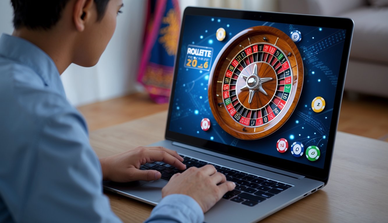 Seorang dewasa muda Indonesia bermain roulette online di komputer dalam ruangan yang terang dan nyaman.