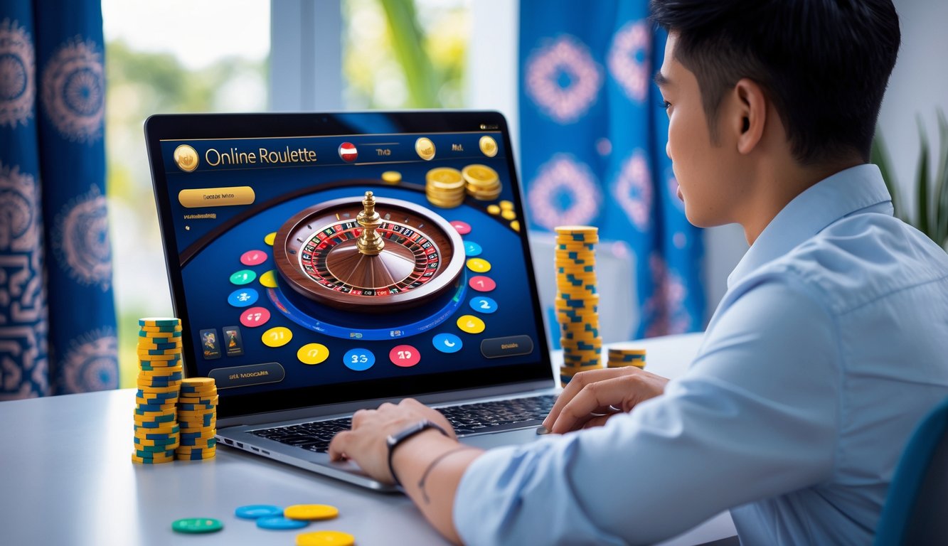 Seseorang sedang bermain roulette online di komputer dengan latar belakang motif batik di ruang kerja yang rapi.