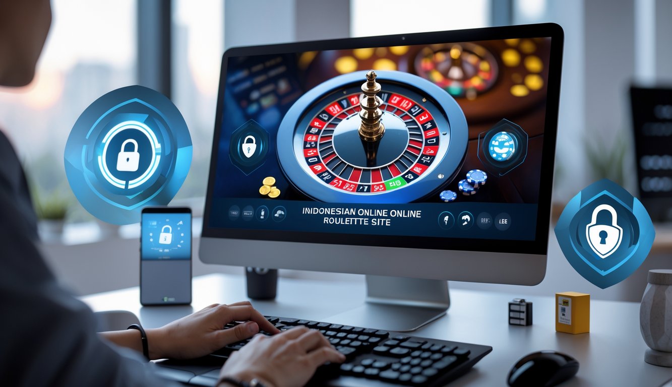 Sebuah meja kerja dengan komputer menampilkan permainan roulette online dengan roda roulette digital yang berwarna cerah dan ikon keamanan di latar belakang.