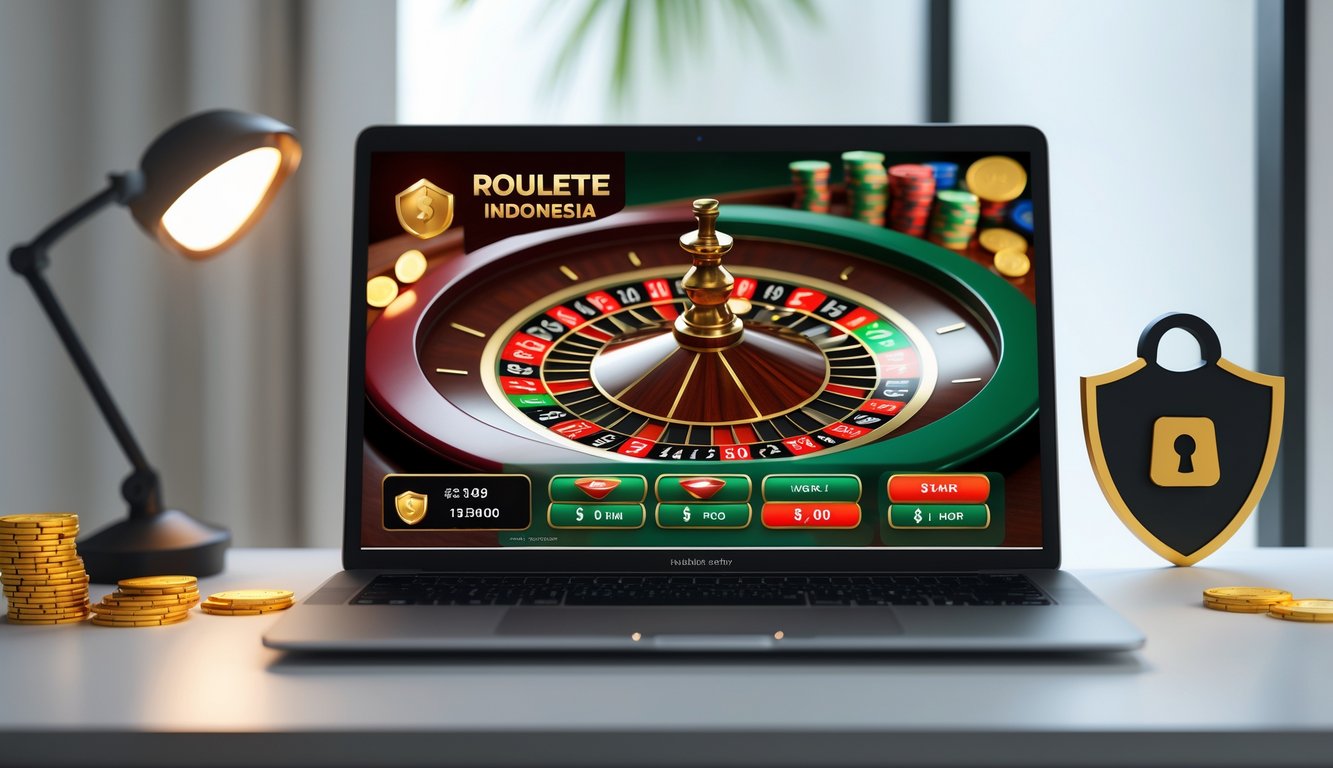 Seseorang menggunakan komputer dengan tampilan roda roulette digital berwarna cerah di layar, menunjukkan pengalaman bermain roulette online yang aman dan populer di Indonesia.