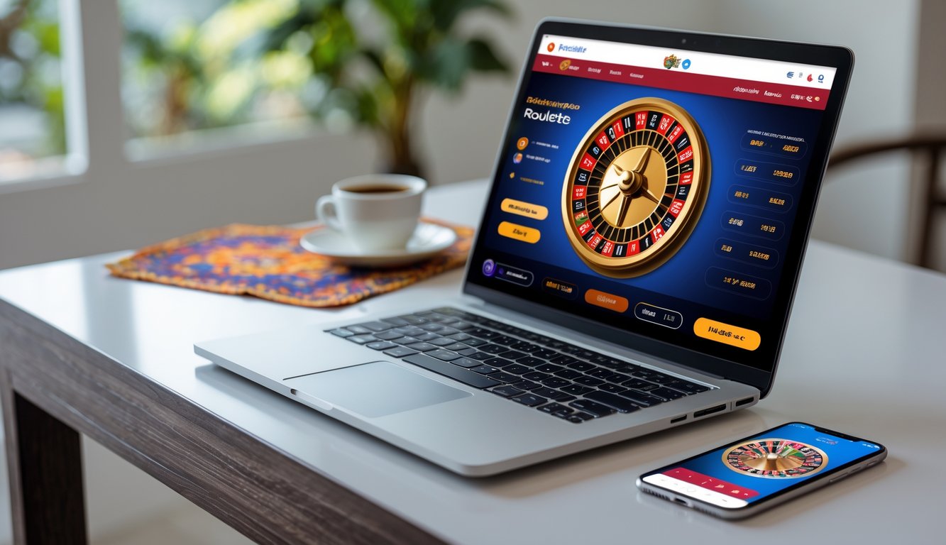 Seorang pemula bermain roulette online menggunakan laptop dan ponsel di meja dengan latar rumah yang nyaman.