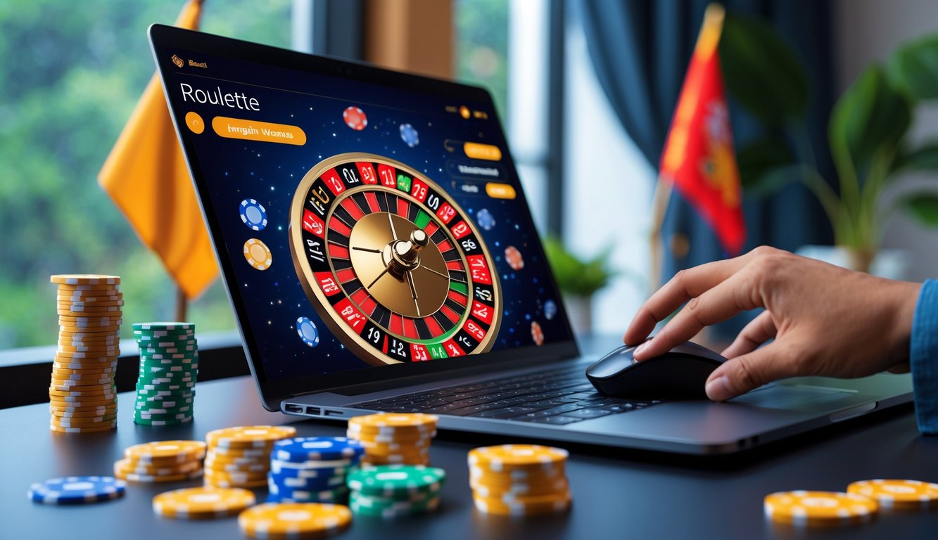 Seseorang sedang bermain roulette online di depan laptop dengan roda roulette digital dan chip taruhan di meja.