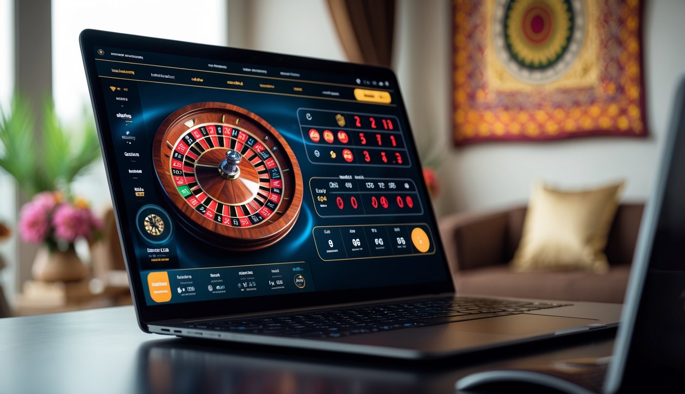 Sebuah layar komputer menampilkan roda roulette digital yang berwarna merah dan hitam dengan antarmuka taruhan, di ruangan yang terang dengan dekorasi batik di latar belakang.