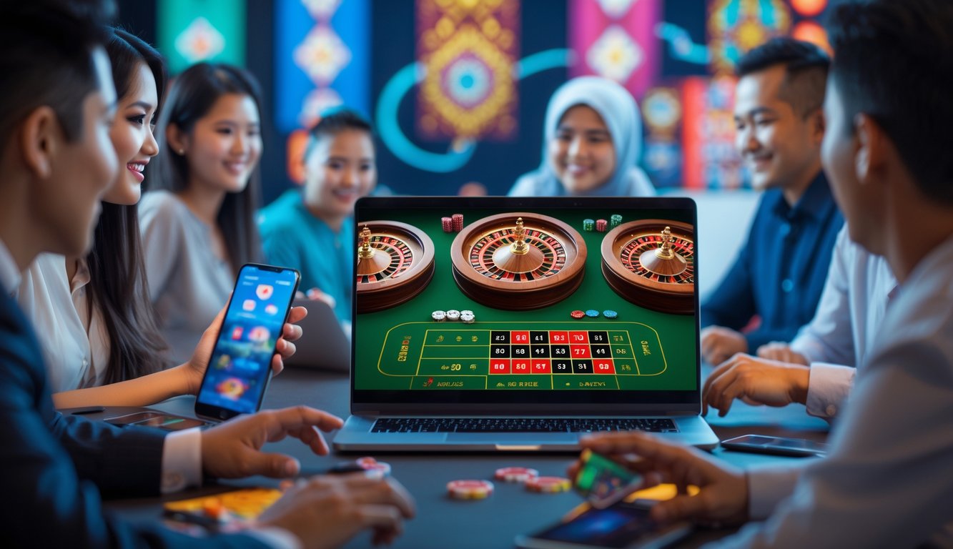 Beberapa orang menggunakan perangkat digital untuk bermain roulette online dengan latar belakang elemen budaya Indonesia.