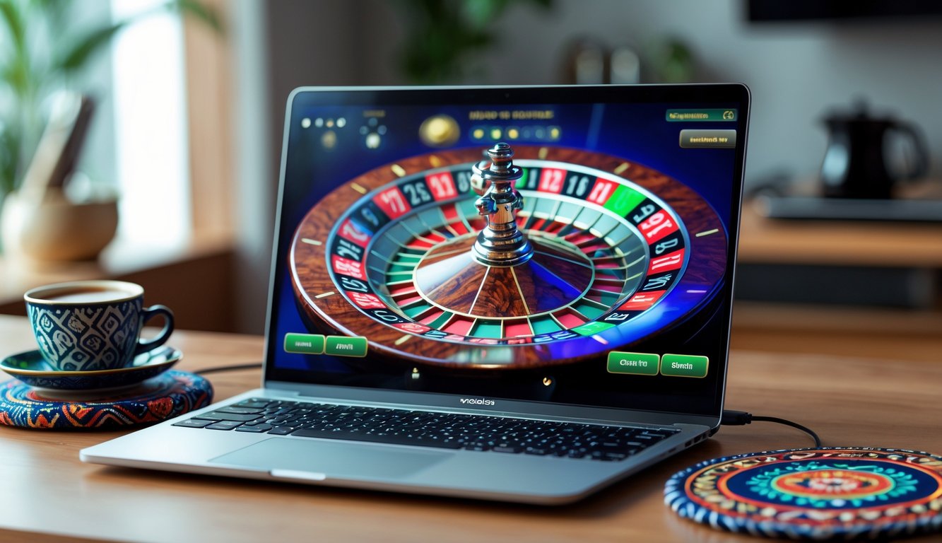 Seorang pengguna bermain roulette online di laptop dengan latar belakang ruang kerja rumah yang nyaman dan elemen budaya Indonesia.